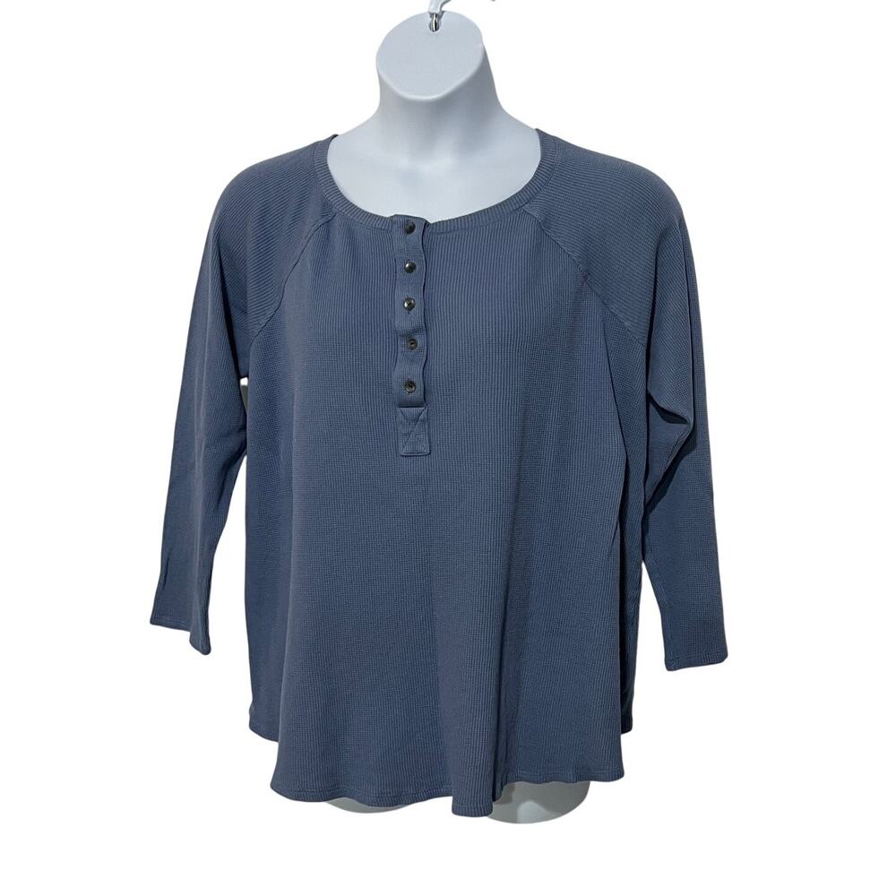 J. JILL WOMENS TOP XLARGE RELAXED CREW NECK WAFFLE KNIT L/S SLEEVE SHIRT BLUE